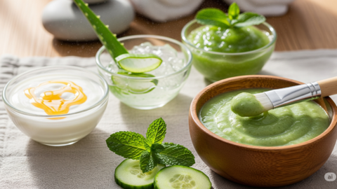 Domácí pleťové masky z okurky, máty, aloe vera a jogurtu s medem pro osvěžení a hydrataci pleti v létě Domácí pleťové masky z okurky, máty, aloe vera a jogurtu s medem pro osvěžení a hydrataci pleti v létě